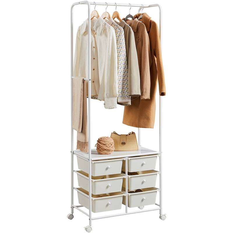 Yaheetech Freestanding Garment Rod with Storage Boxes, Clothes Rack with 6 Drawers, Beige - Beige