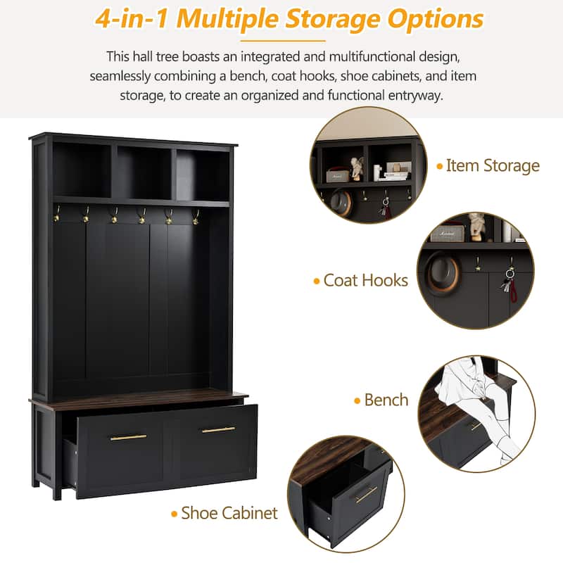 4-in-1 Hall Tree, 6 Gold Hooks, Wood Grain Bench, 2 Drawers, Entryway Organizer, 47.2W x 15.5D x 76.6H