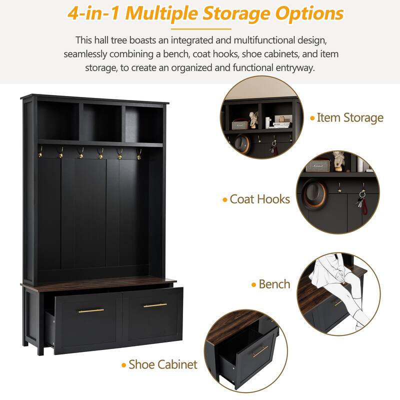 Versatile 4-in-1 Hall Tree with 6 Golden Hooks, Wood Grain Bench & 2 Drawers for Entryway Storage