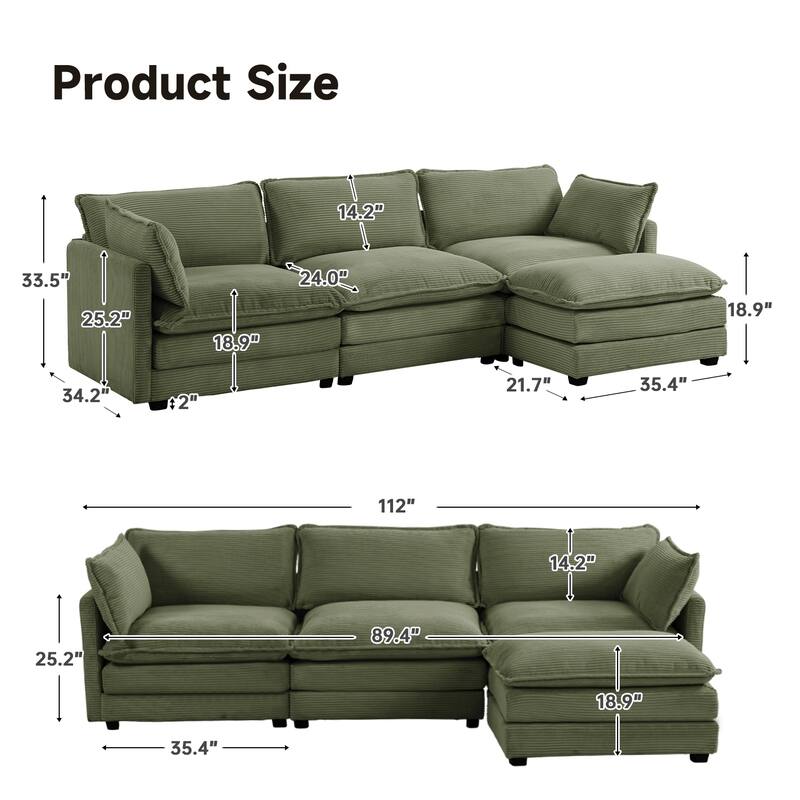 3-Seat Corduroy Modular Sofa with an Independent Removable Ottoman for Living Room or Business
