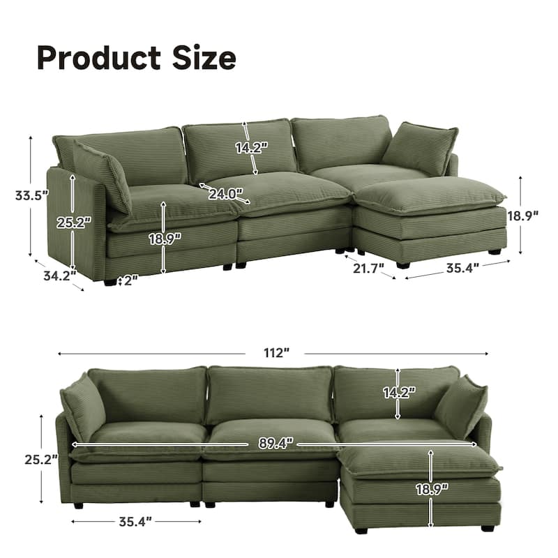 Oversized Modular Corduroy Sectional Sofa Set with Ottoman, 3-Seater / 4-Seater Deep Seat Lounge Couch for Living Room