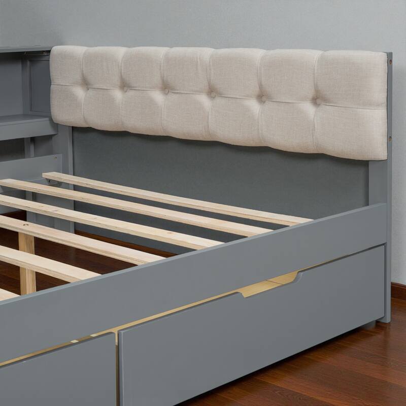 Wood Twin/Full Platform Bed with Upholstered Headboard, Storage Shelves, Drawers and Charging Station, No Box Spring Needed