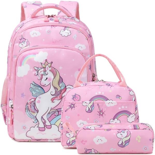slide 2 of 7, Girls Backpack for Elementary Kids School Bookbag Set Cute Unicorn Backpacks for Girls Water Resistant Angel Unicorn Pink