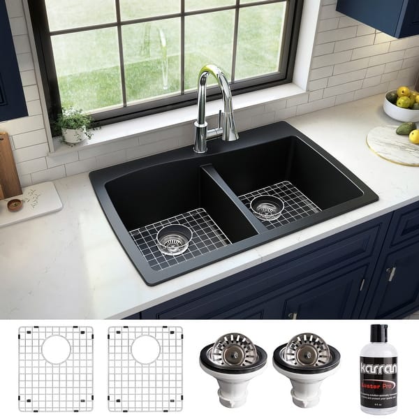 slide 2 of 62, Karran Drop-In Quartz 34 in. 1-Hole 50/50 Double Bowl Kitchen Sink Kit