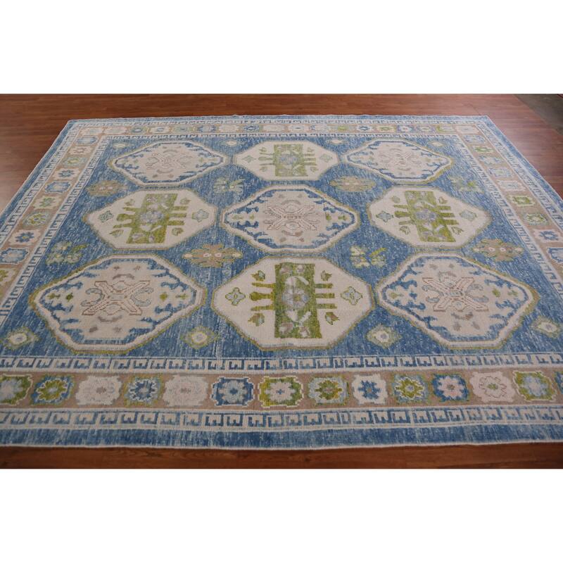 Hand Knotted Oriental 100% Wool Carpet Transitional Geometric Navy Blue & Blues Oushak Area Rug - 10' 10'' X 8' 3''