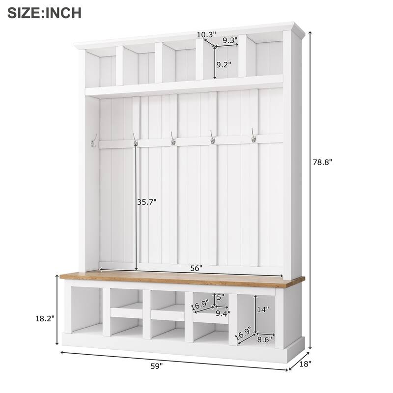 Hall Tree Storage Cabinet with 4 Hidden Hooks, Bench, and Open Compartments