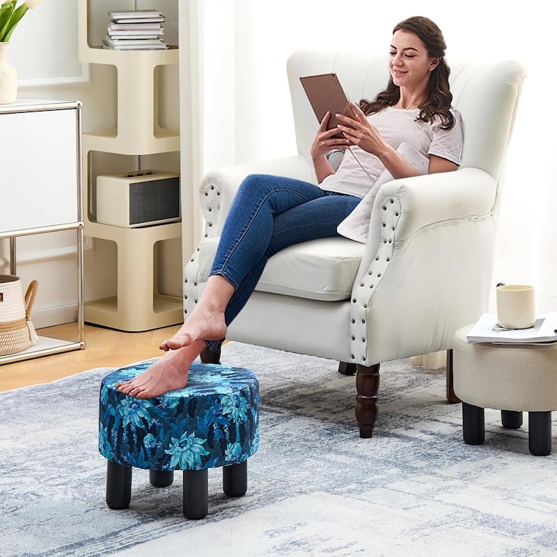 Modern Small Round Linen Ottoman Footstool with Wooden Legs for Bedroom or Living Room