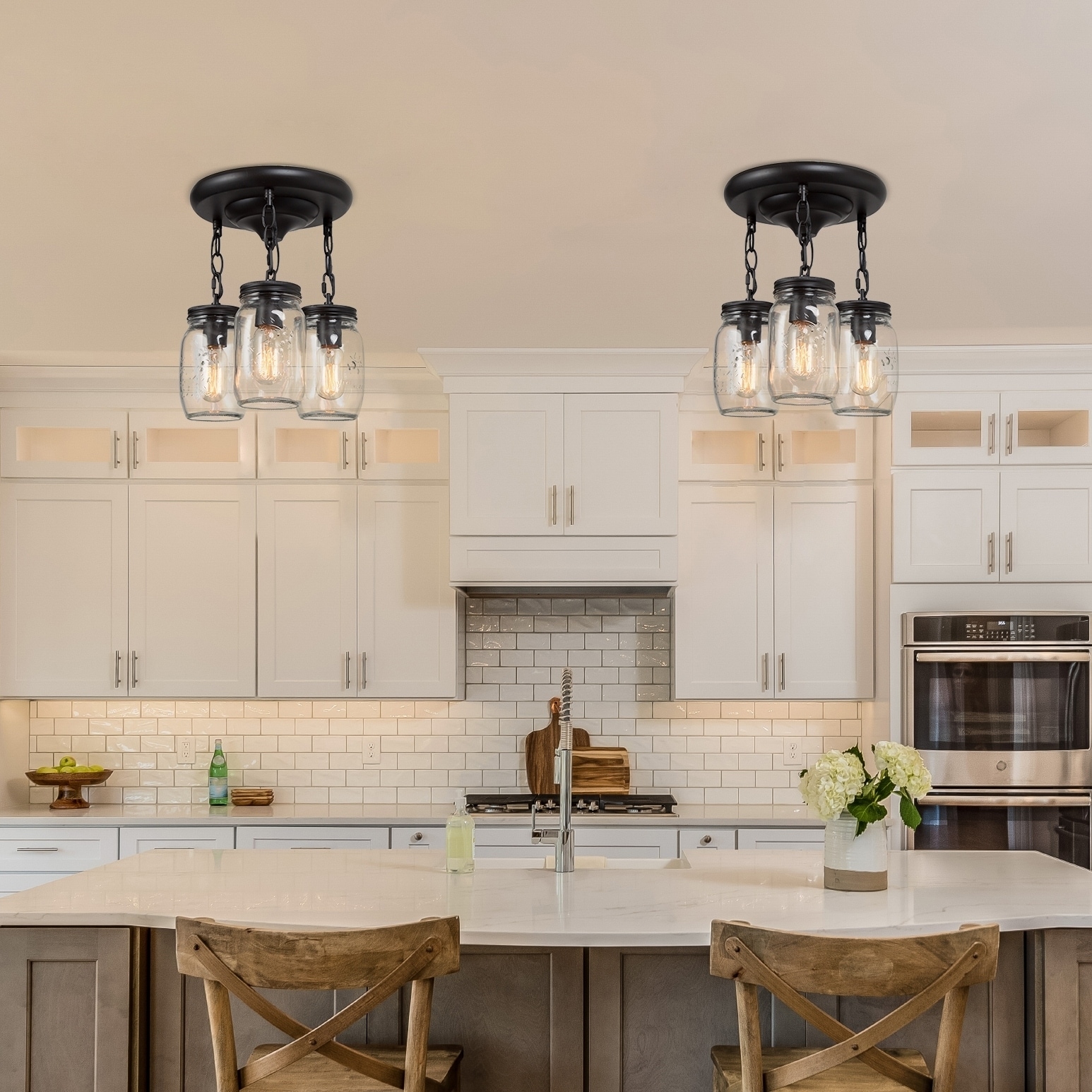 Modern Farmhouse 3-Light Mason Jar Glass Chandelier Semi Flush Mount Ceiling Light - D11.8" x H13"