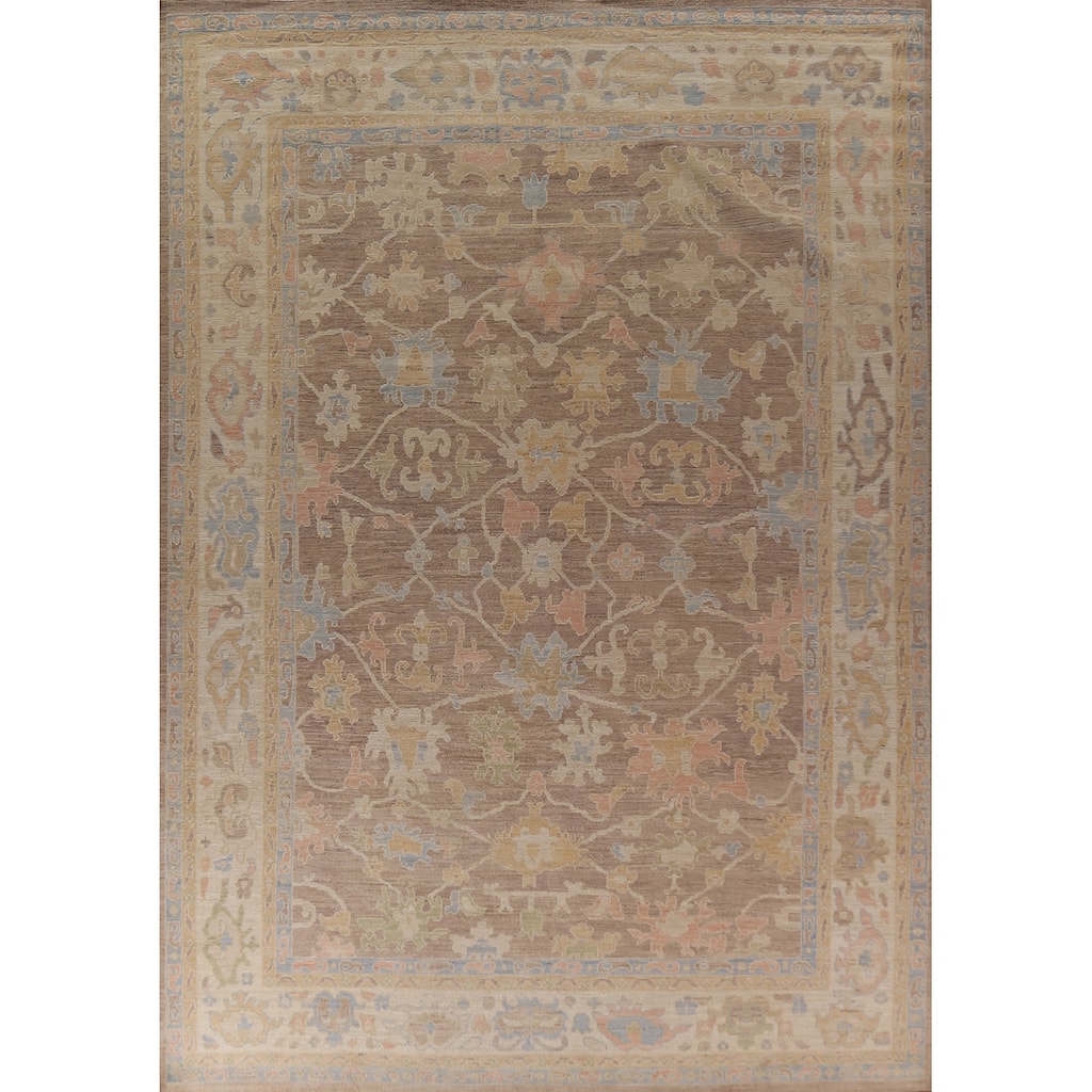 Floral Oushak Vegetable Dye Area Rug Hand-Knotted Brown Wool Carpet - 9'0"x 13'0"