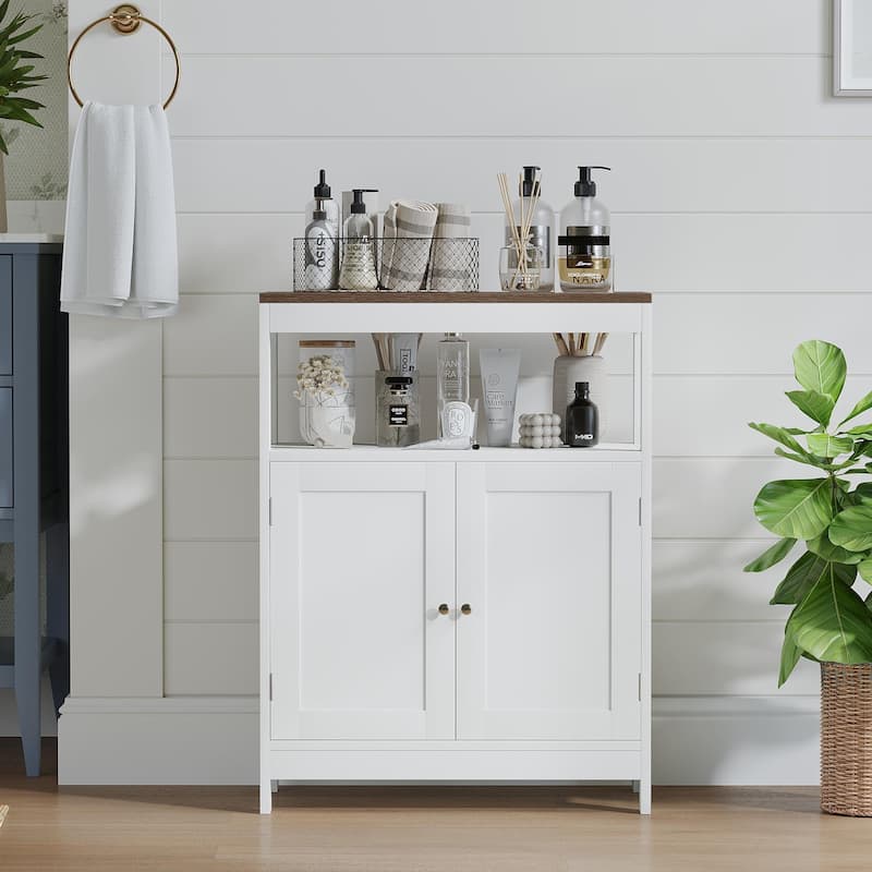 Modern Storage Cabinet with Double Doors, Free-Standing Bathroom Cabinet with Adjustable Shelf and Natural Wood Top