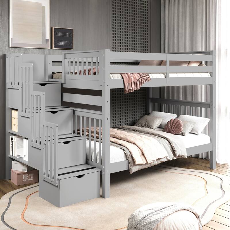 Taylor & Olive Trillium Full over Full Stairway Bunk Bed - Grey