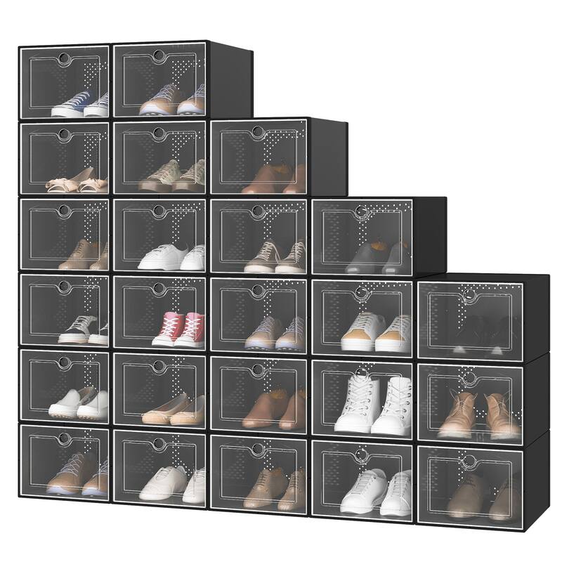 Moasis Shoe Organizer Box, 18/24 PCS Medium/ Large Shoe Storage Stackable Shoe Box Rack Containers Drawers - 24PSC-Large-Black