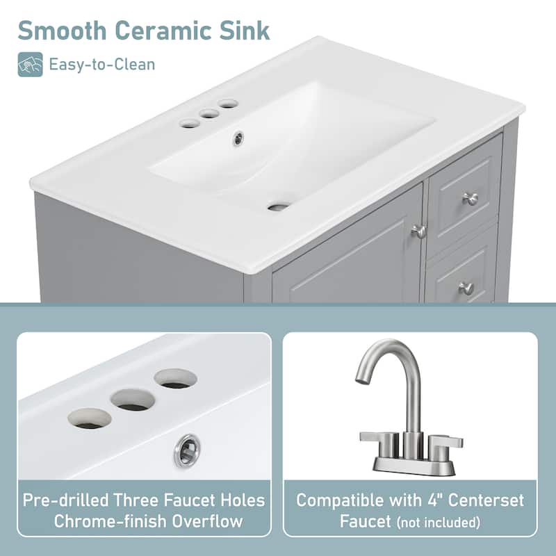 30" Bathroom Vanity with Sink, One Door with Shelf and Three Drawers, Soft Close Door
