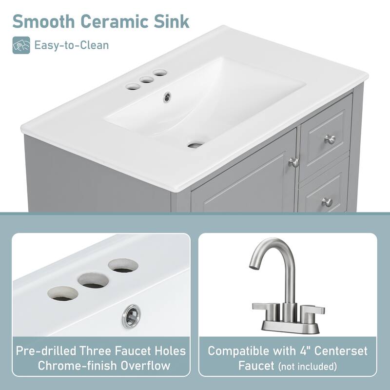 30" Freestanding Bathroom Vanity with Sink, One Door Cabinet and 3 Drawers, Solid Wood Frame & MDF Board