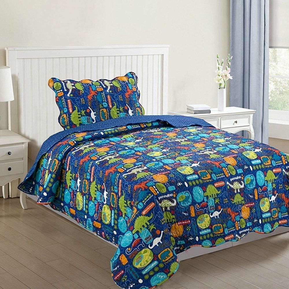Kids Bedspread Quilts Set for Teens Boys Girls Bedding Dinosaur Twin 65 X 86 Blue