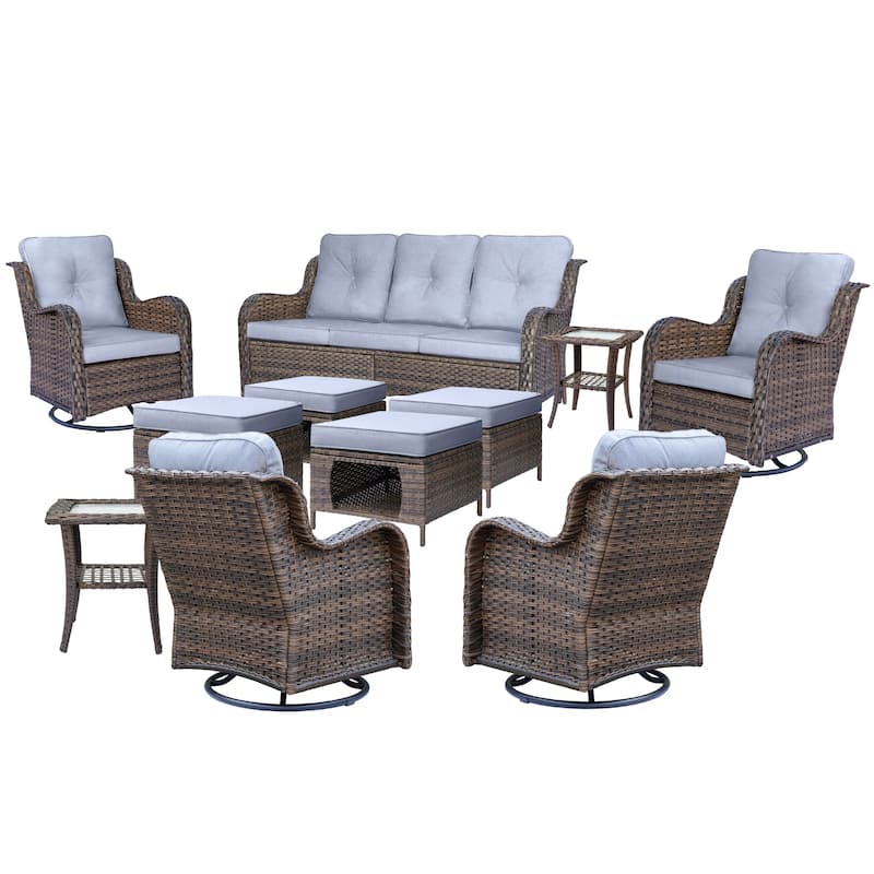 11 Piece Rattan Wicker Outdoor Patio Furniture with Swivel Chairs Set