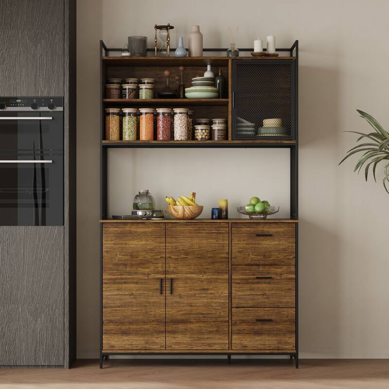 Multifunctional Kitchen Cabinet Collection Metal Frame Shelf Brown Walnut Color