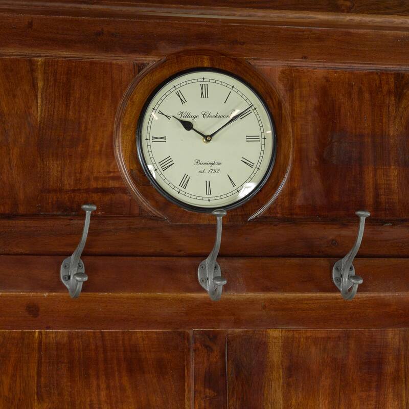 Brown Wood Large Tall Bench Storage 5 Hook and 2 Drawer Freestanding Coat Rack with Cream Clock