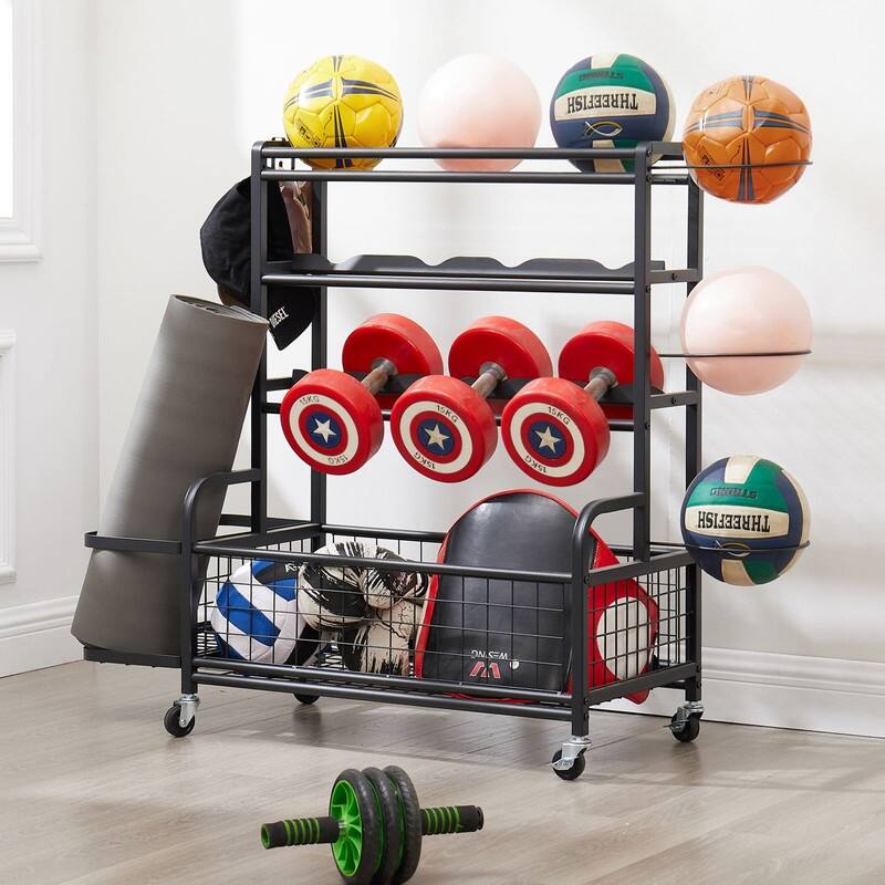 Mieres Garage Sports Equipment Organizer, 4-Tier Metal Storage Organizer, Ball Storage Cart with Baskets and Hooks for Indoor - Black