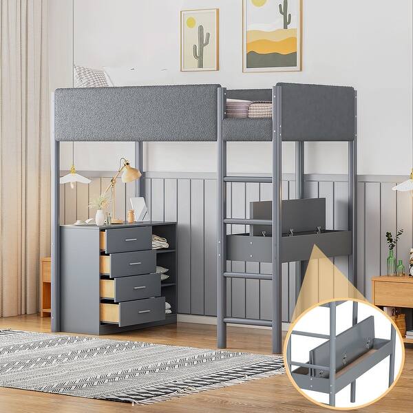 slide 2 of 10, Twin Size Teddy Fleece Loft Bed Wood Bed, with Drawers and Storage Racks Gray