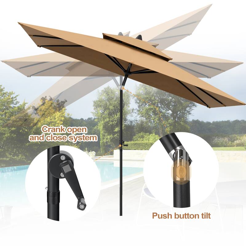 Set of 9 Outdoor Patio Dining Set WoodLike Aluminum Umbrella Hole Table with Stackable Armchairs, Double Top Market Umbrella Set