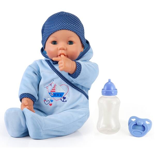 slide 2 of 5, Bayer: Hello Baby Boy Doll - 18" Blue Boat Design - Pacifier, Bottle, Matching Cap, Moves Mouth, Baby Sounds, Pretend Play
