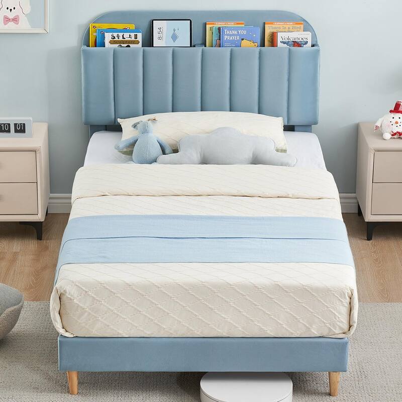 Twin/Twin XL/Full Size Bed Frame with Bookcase Headboard - Blue - Twin
