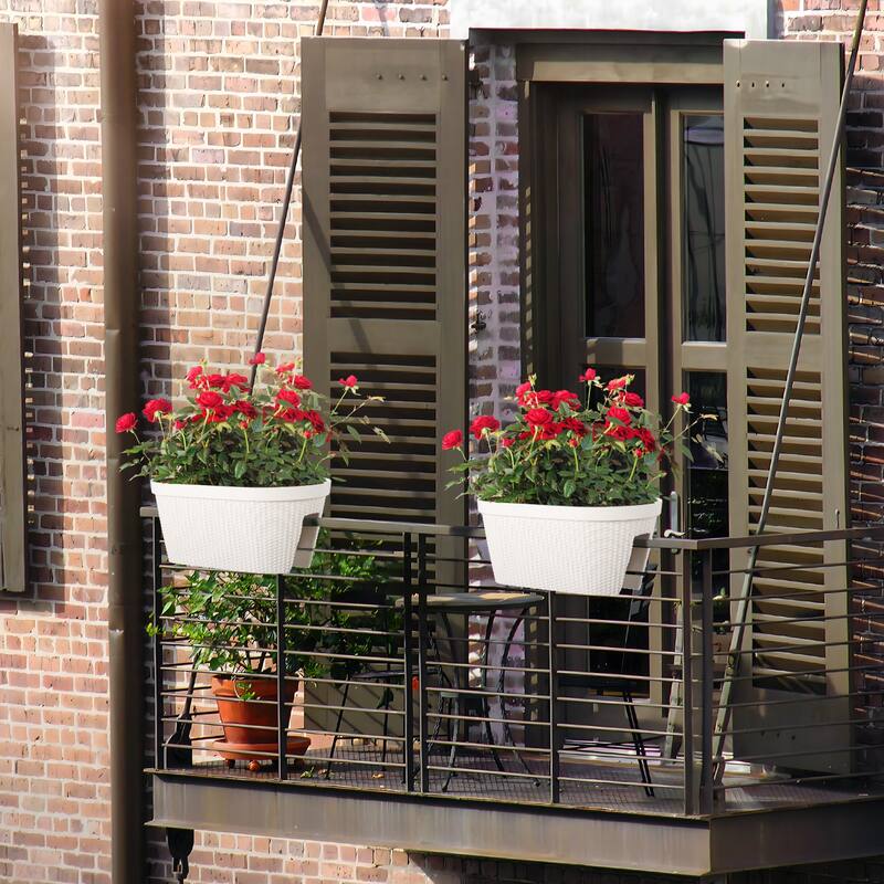 Aoodor 20'' Outdoor Balcony Railing PP Plastic Flower Pots - 4-Piece Set with Two Drainage Holes and Adjustable Brackets