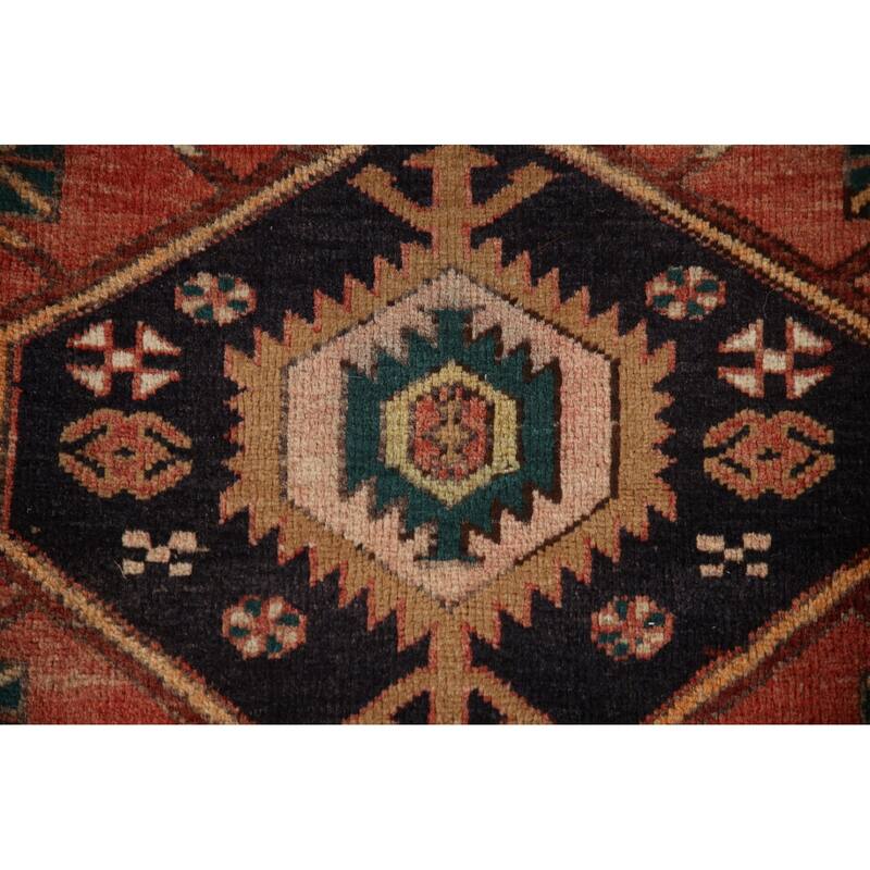 Geometric Red Heriz Persian Vintage Runner Rug Handmade Wool Carpet - 3'9"x 11'1"