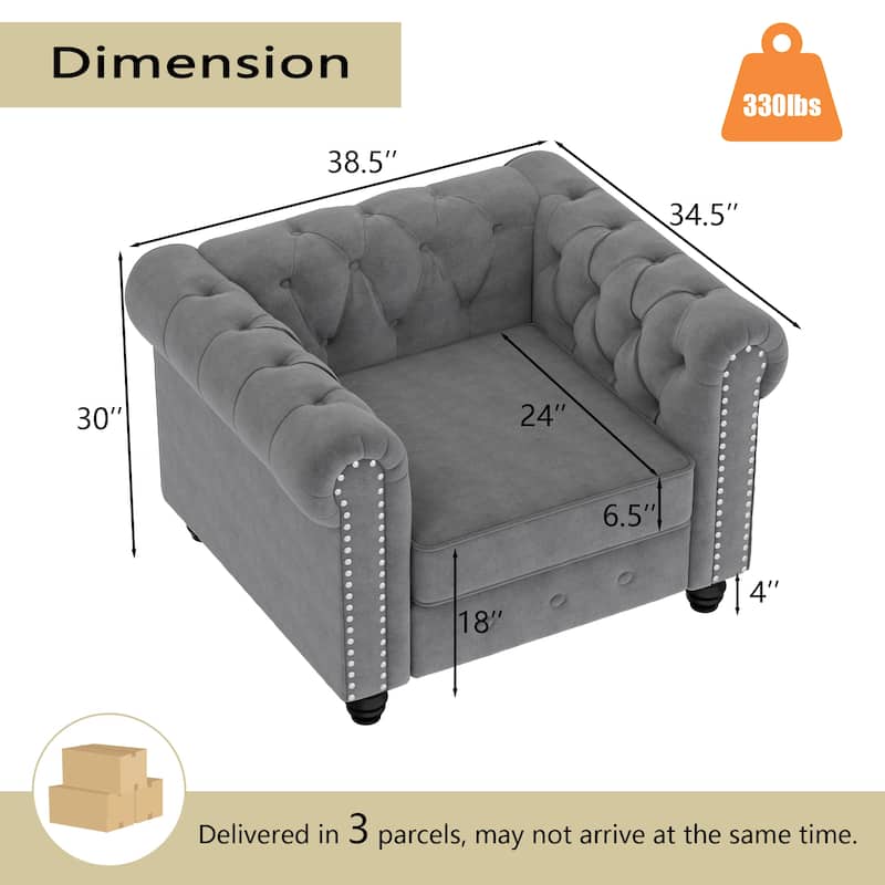 Classic Tufted Velvet Upholstered Chesterfield Club Chair and Sofa 2 Pieces with Nailhead for Living Room by Morden Fort