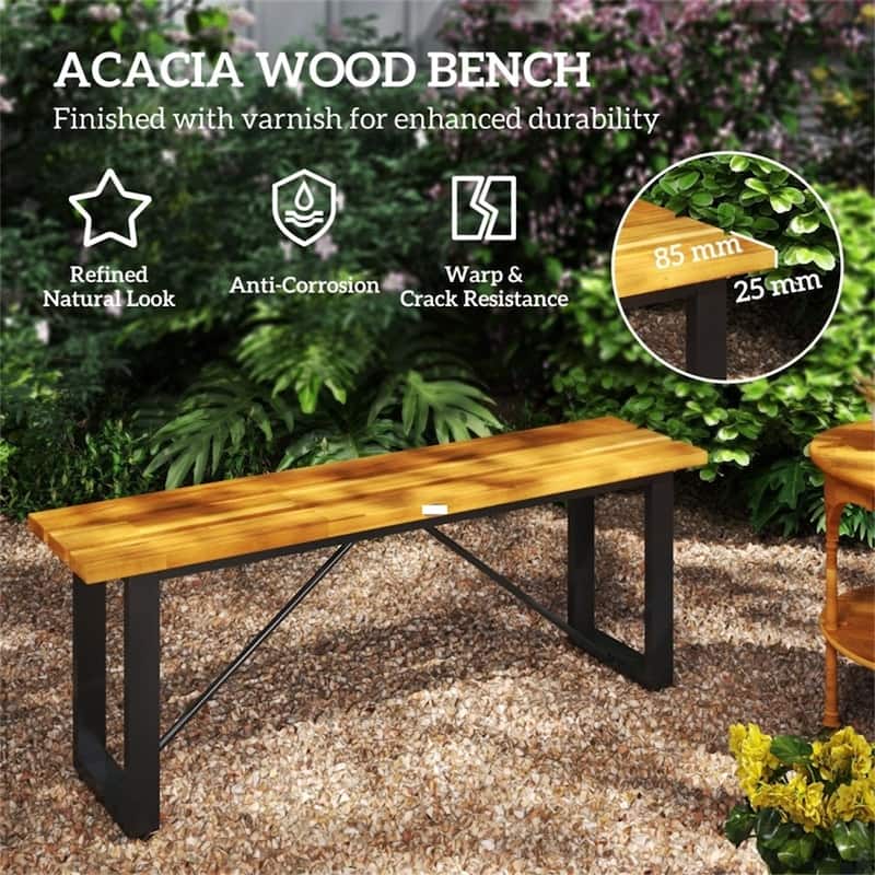 Two-Seater Acacia Wood Garden Bench with Steel Base Rust-Resistant Slatted Outdoor Seating - 47.2" L x 11.8" W x 17.3" H