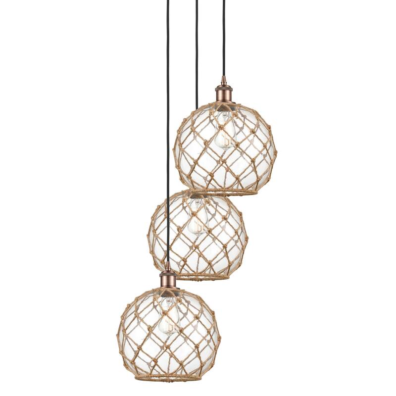 Innovations Lighting 113B-3P-37-17 Farmhouse Rope Pendant Farmhouse - Antique Copper / Clear Glass with Brown Rope