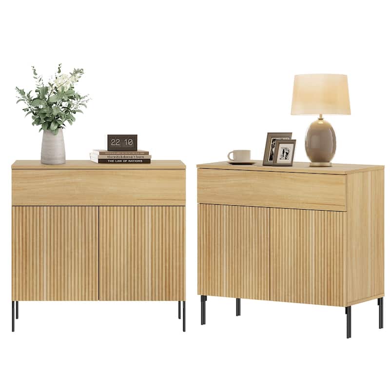 Modern Minimalist Nightstand,31.5" Wood End Table,Reeded Design Bedside Table - Oak - 2-drawer