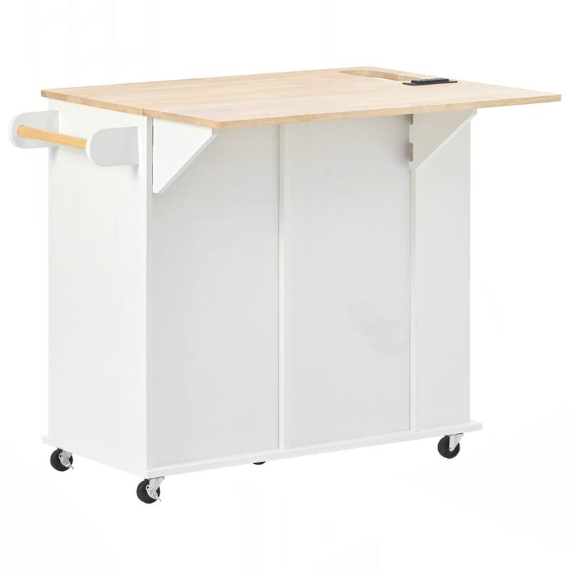 Kitchen Island with Power Outlet,Kitchen Storage Island with Drop Leaf and Rubber Wood,Open Storage and Wine Rack