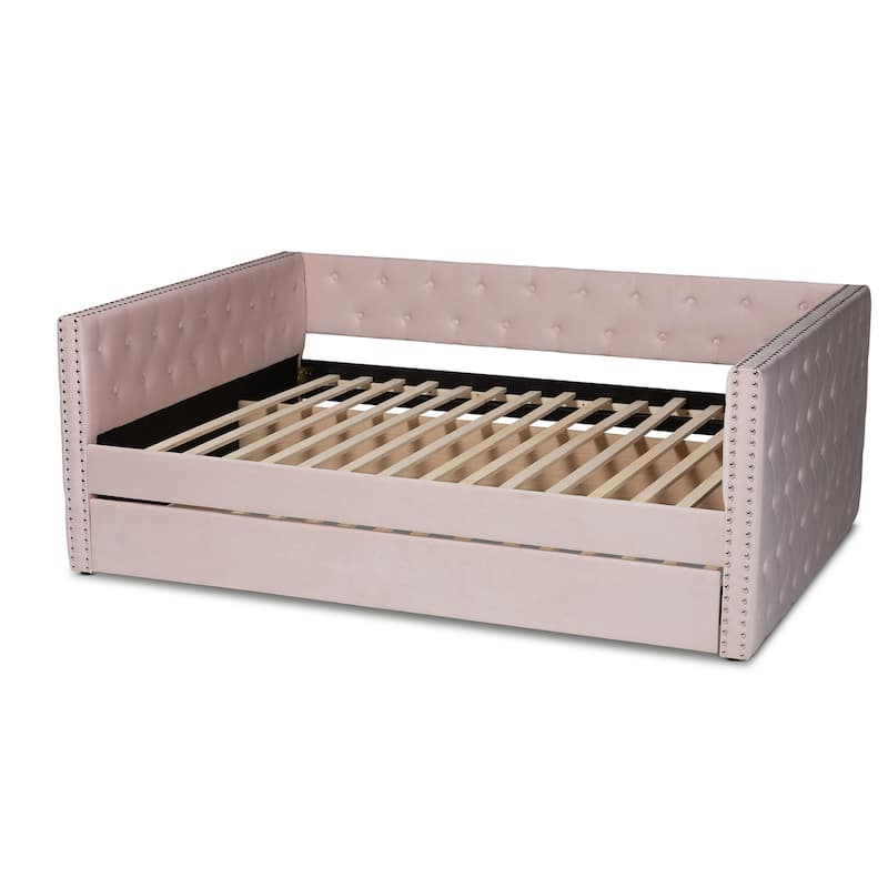 Full Size Daybed with Trundle - Velvet Upholstered Button Tufted Bed Frame - Silver Nailhead Trim