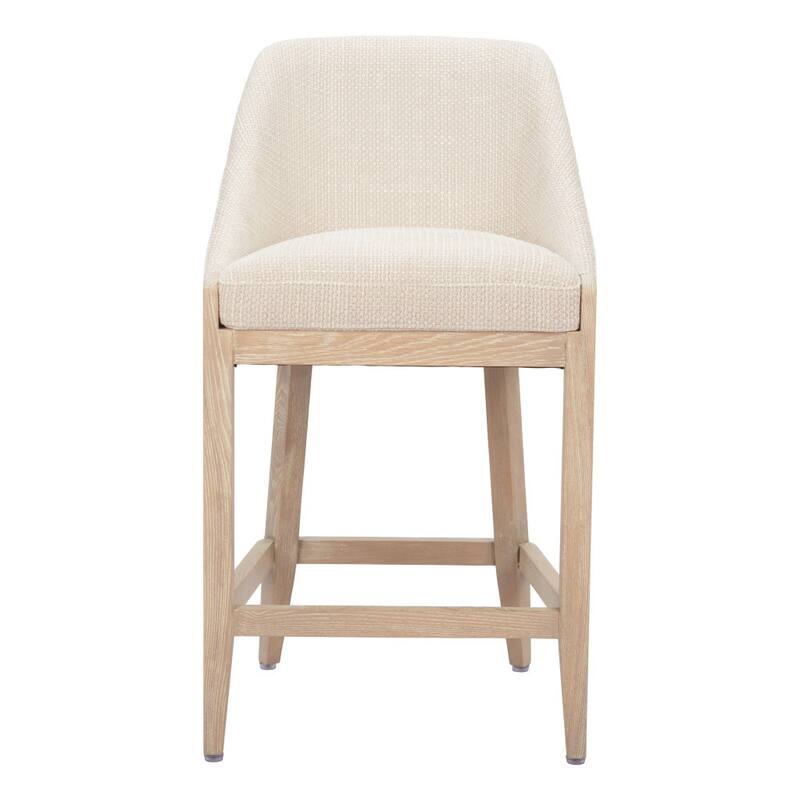 HomeRoots 27" Beige and Natural Fabric and Solid Wood Counter Height Bar Chair