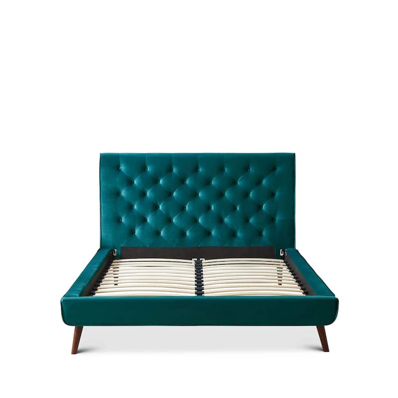 Queen Size Velvet Platform Bed with Tufted Headboard and Mid-Century Design - Blue