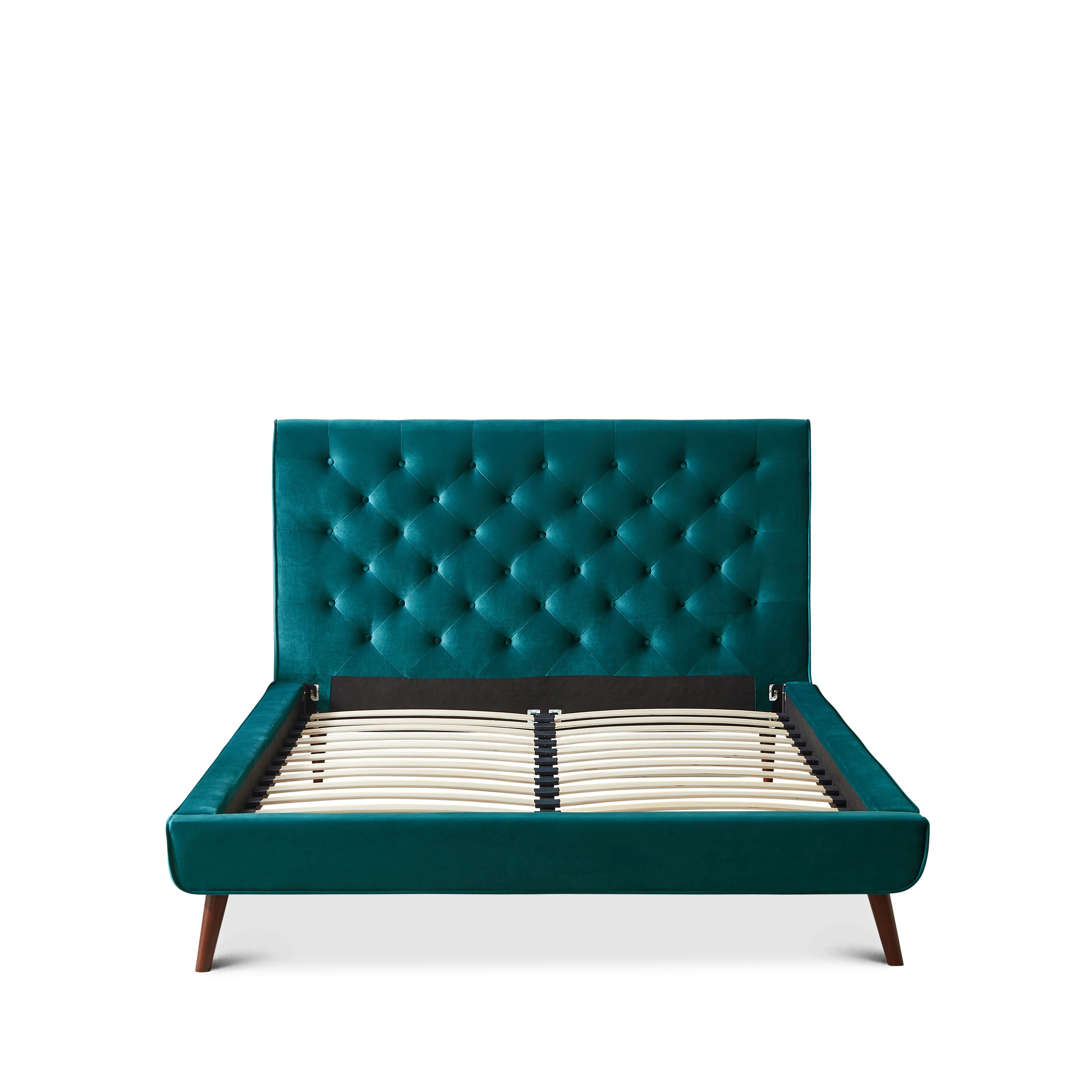 Queen Size Velvet Platform Bed with Tufted Headboard and Mid-Century Design