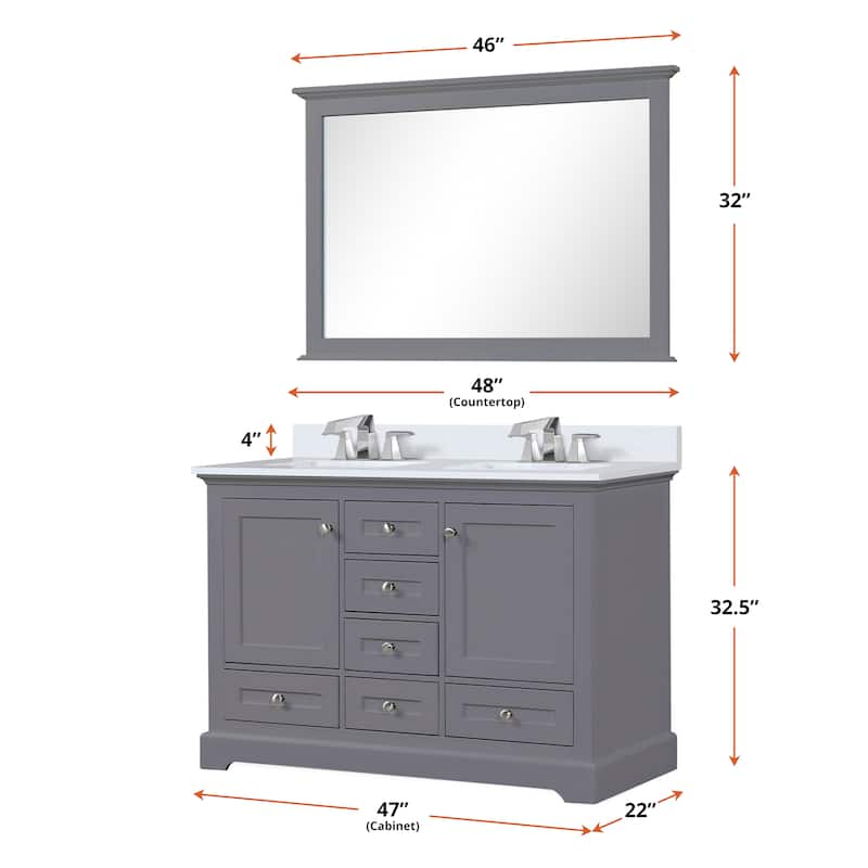 Dukes 48 in. W x 22 in. D White Double Bath Vanity, White Quartz Top, Faucet Set, 46 in. Mirror