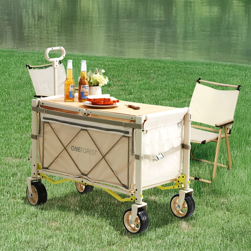 Foldable Camping Cart with Adjustable Handle, Bamboo Tabletop, Foldable storage, and Waterproof Oxford Canopy