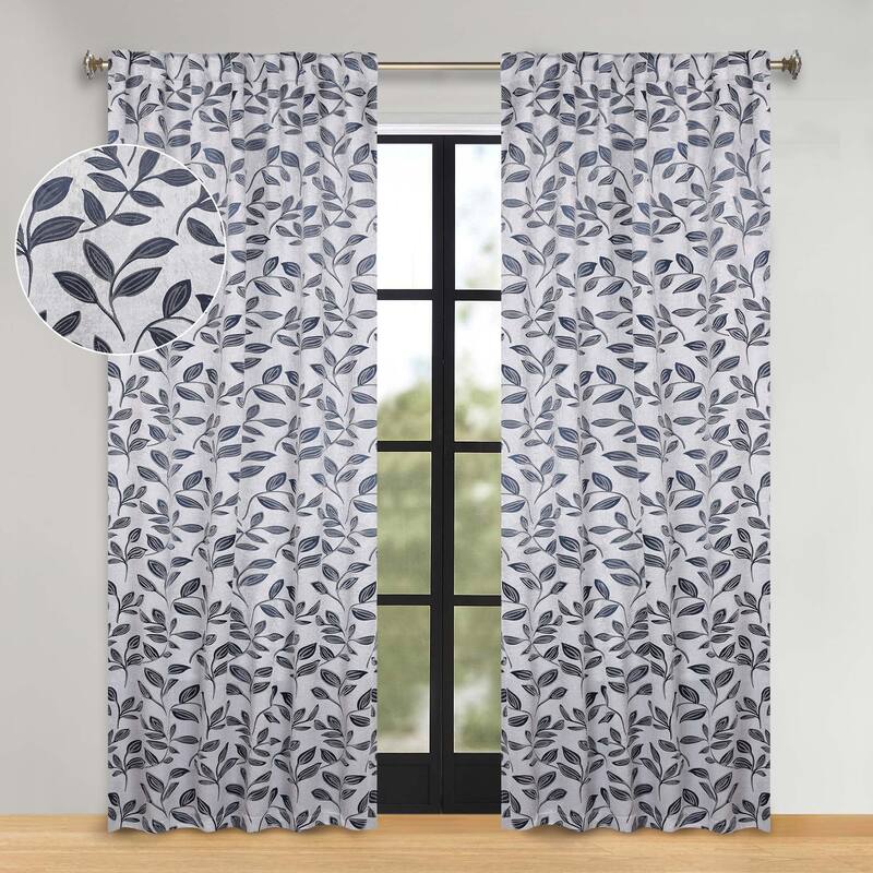 Superior Leaves Machine Washable Room Darkening Curtains with Back Tabs, Set of 2 - 52" x 84" - White/Navy Blue
