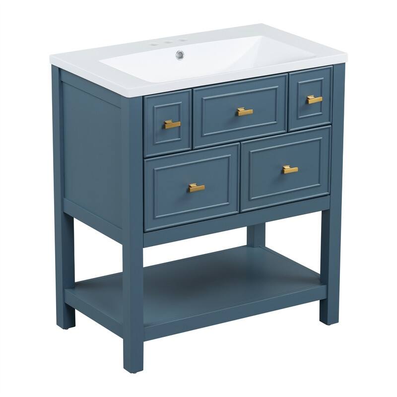 30'' Bathroom Vanity with/without Resin Sink, Freestanding Bathroom Vanity Cabinet with 5 Drawers & Open Shelf, Solid Wood Frame