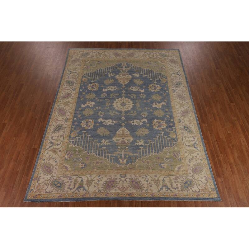 Vegetable Dye Blue Oushak Turkish Area Rug Handmade Wool Carpet - 9'0"x 11'9"