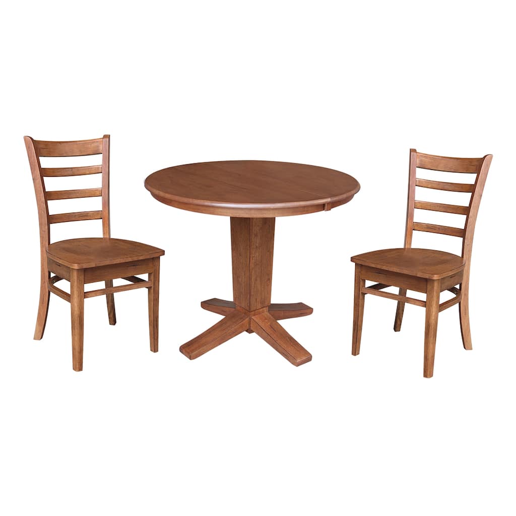 36 in Round Extension Dining Table with 12 in Leaf and Dining Chairs - Distressed Oak
