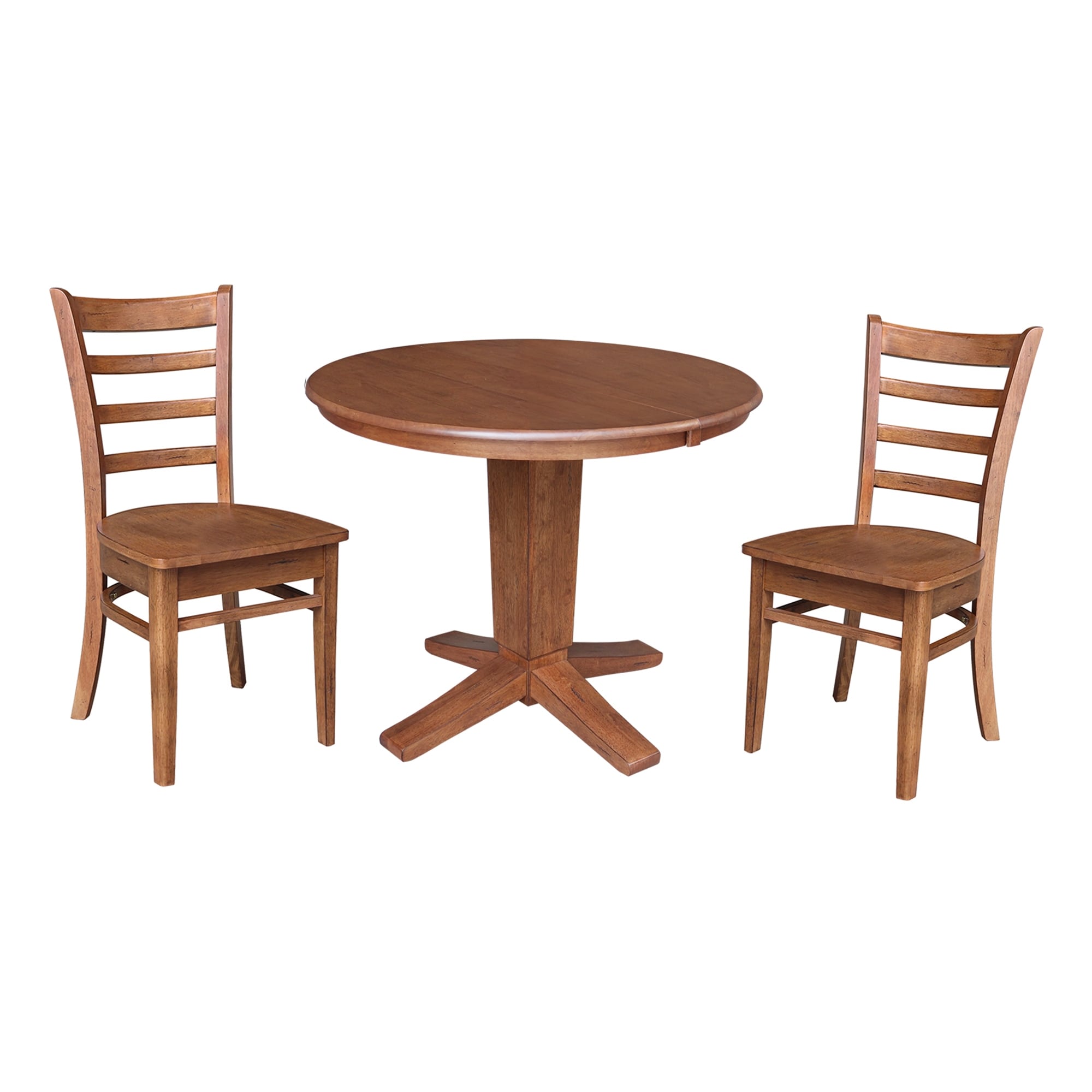 36 in Round Extension Dining Table with 12 in Leaf and Dining Chairs - Distressed Oak