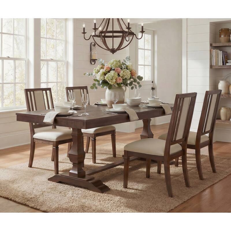 Farmhouse Dining Chair and Bench Set, Solid Wood Upholstered Armless Chair and Dining Bench with Turned Legs - 4 Piece - Brown