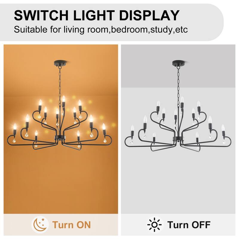 12-Light Black Metal Chandelier with Adjustable Chain