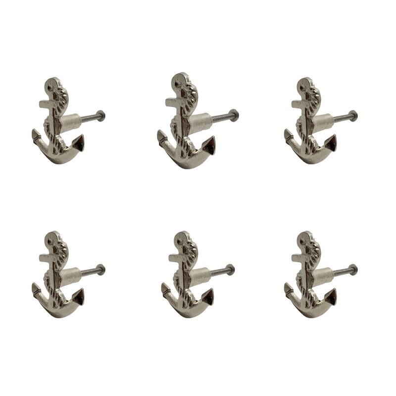 HomeRoots Set of Six Silver Nautical Anchor Knob Metal Drawer Pull Knobs - 1.50 in. x 1.00 in. x 1.50 in.