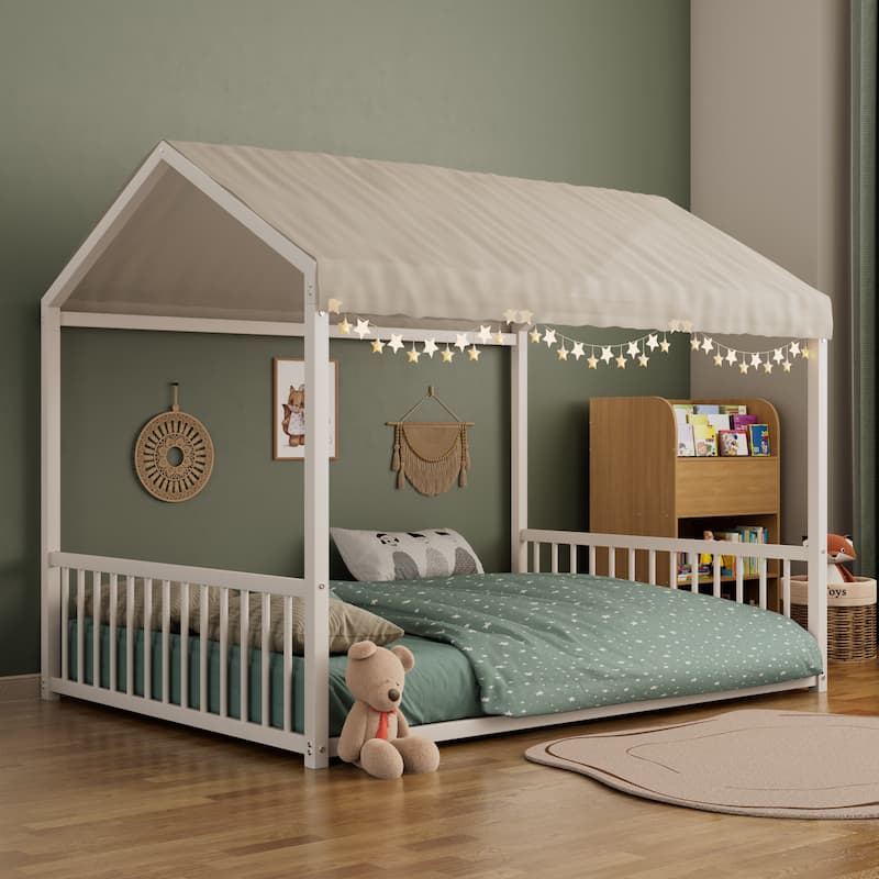 Montessori Style Metal Floor Bed Frame, House Shaped Bed for Kids and Toddlers, No Slats, House Bed - White Vertical - Full