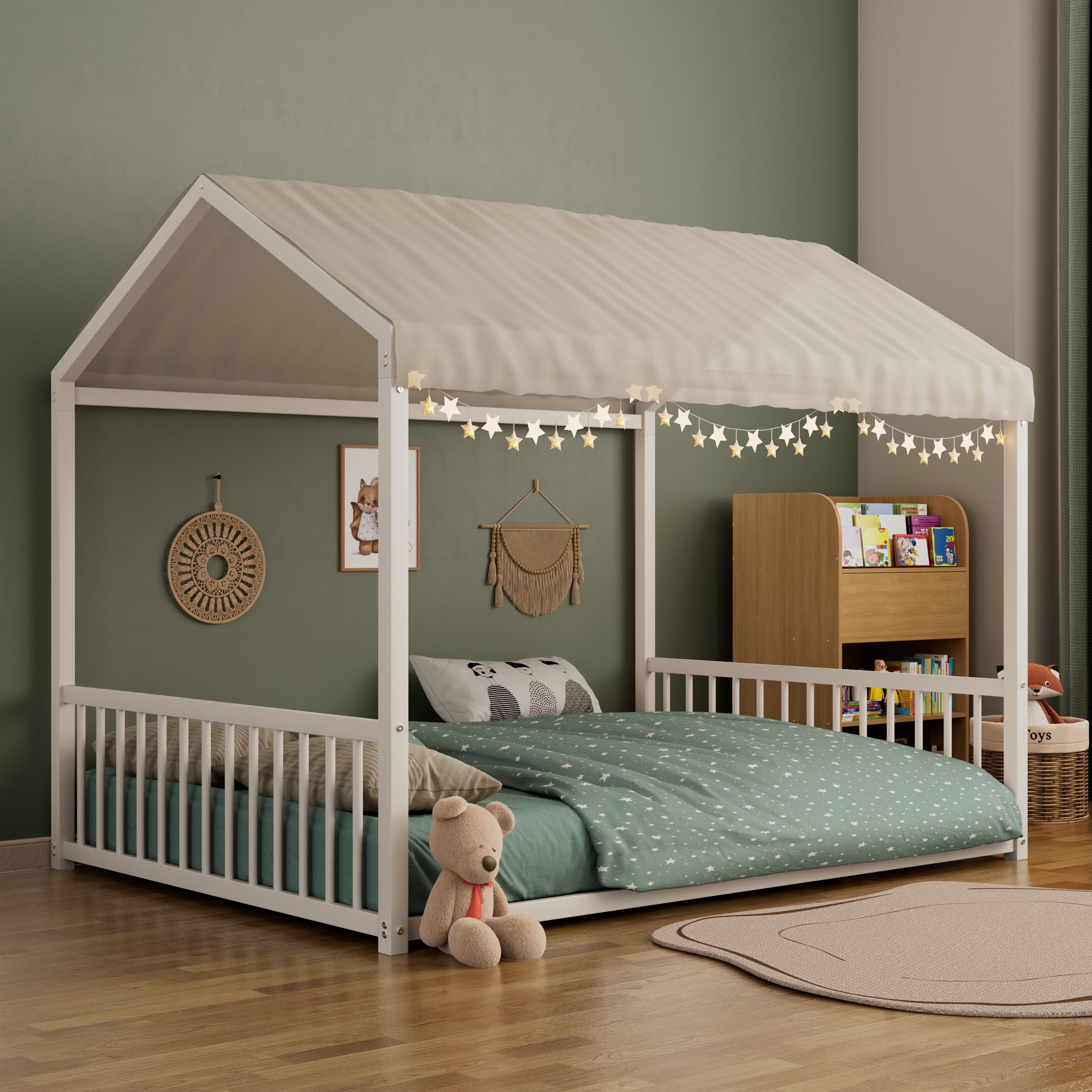 Twin/Full Montessori Metal House Floor Bed with Guardrails